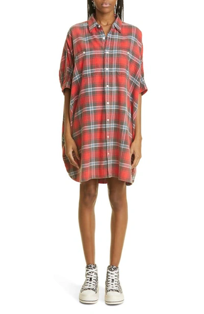 R13 Plaid Oversized Boxy Shirt Dress In Red Plaid