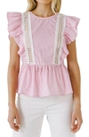 English Factory Stripe Ruffle Sleeveless Cotton Blouse In Pink White Stripe