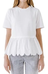 English Factory Mixed Media Scallop Peplum Cotton Top In White