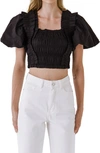 English Factory Shirred Bodice Puff Sleeve Cotton Crop Top In Black
