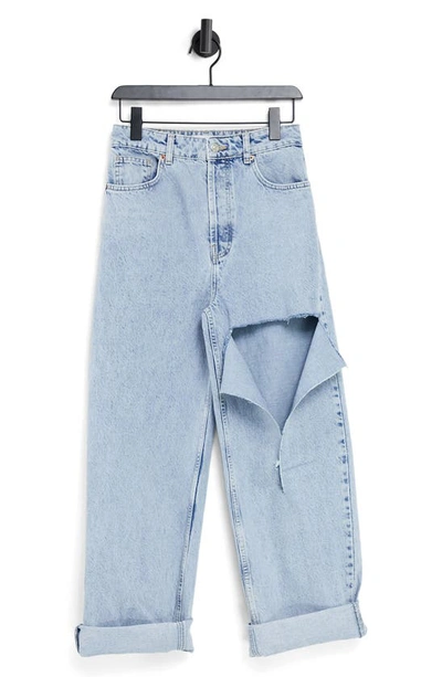 Topshop Oversized Mom Jeans With Rip In Bleach-blues