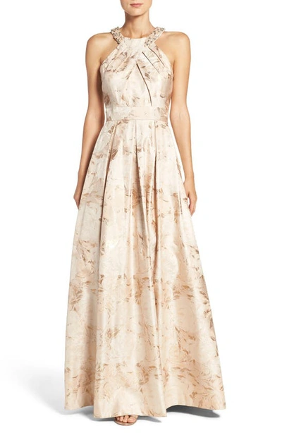 eliza j jacquard fit and flare dress Jacquard Eliza J Champagne Dress Eliza J Floral Jacquard Metallic Fit And  Flare Dress/Champagne And