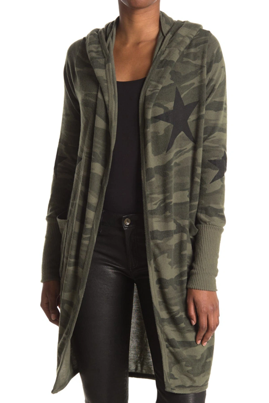 Sweet Romeo Star Printed Camo Cardigan In Green Camo/black