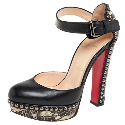 Pre-owned Christian Louboutin Black Leather And Brown Python Figurina Platform Ankle Strap Pumps Size 36