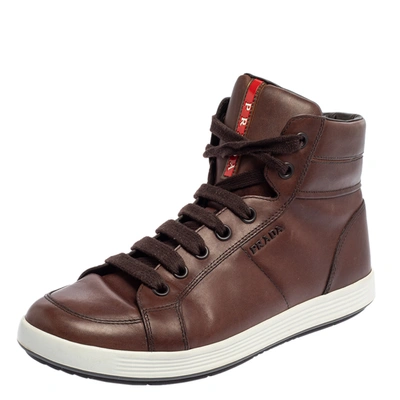 Pre-owned Prada Brown Leather High Top Sneakers Size 42