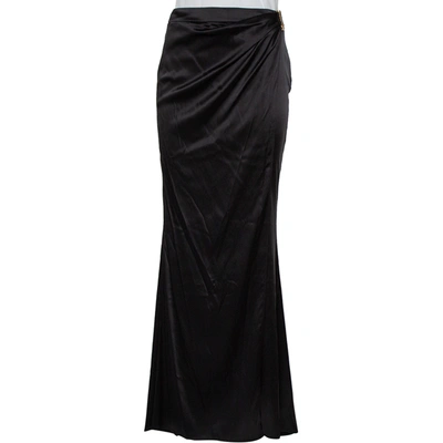 Pre-owned Roberto Cavalli Black Silk Satin Faux Wrap Maxi Skirt M
