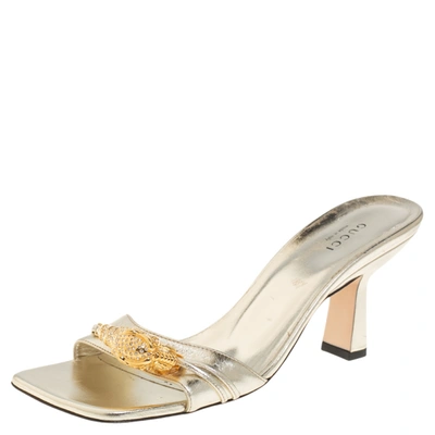 Pre-owned Gucci Gold Leather Embellishment Slide Sandals Size 38