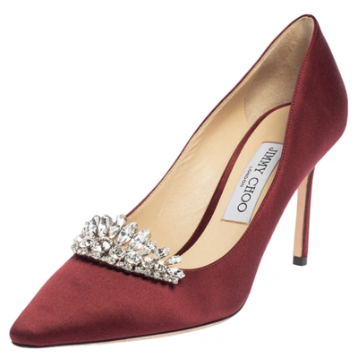 Pre-owned Jimmy Choo Burgundy Satin Crystal Embellished Romy Pointed Toe Pumps Size 38.5