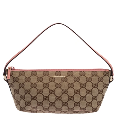 Pre-owned Gucci Pink/beige Gg Canvas And Leather Pochette