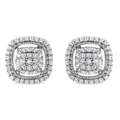 Haus Of Brilliance .925 Sterling Silver 1/4 Cttw Prong Set Round-cut Diamond Cluster In Square Frame Stud Earring In Silver Tone,white