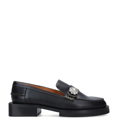 Ganni Leather Jewel-embellished Loafers In Black