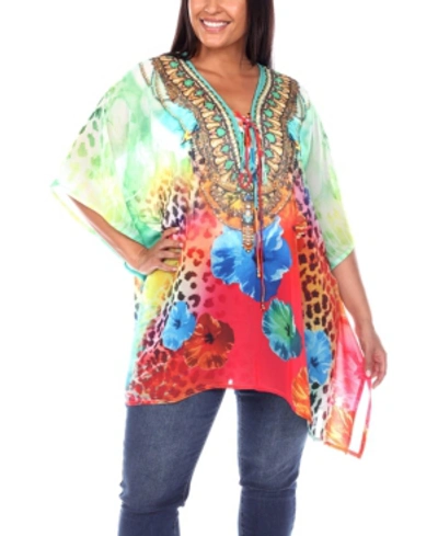 White Mark Plus Size Short Caftan With Tie-up Neckline In Red