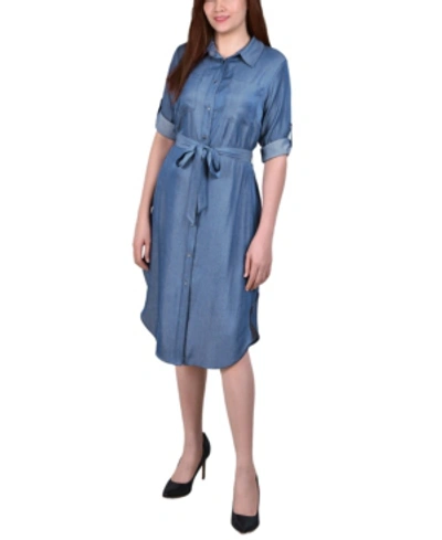 Ny Collection Women's 3/4 Roll Tab Sleeve Denim Belted Shirt Dress In Blue