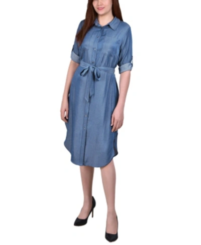 Ny Collection Women's 3/4 Roll Tab Sleeve Denim Belted Shirt Dress In Dark Wash