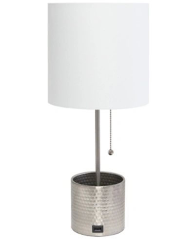 Simple Designs Hammered Metal Organizer Table Lamp With Usb Charging Port And Fabric Shade In Brushed Nickel
