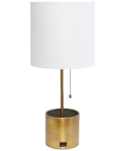 Simple Designs Hammered Metal Organizer Table Lamp With Usb Charging Port And Fabric Shade In Gold-tone