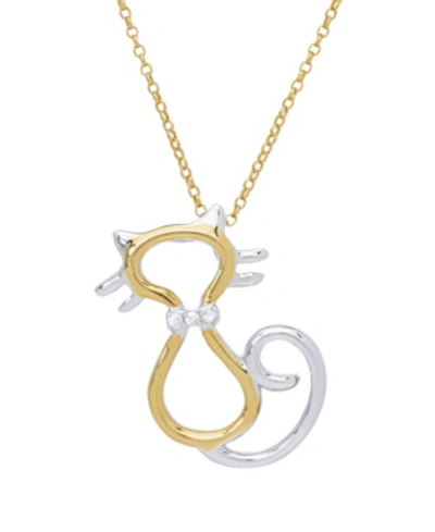 Macy's Two Tone Cubic Zirconia Cat Pendant 18" Two Tone Plate Necklace