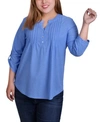 Ny Collection Plus Size Long Sleeve Pleat Front Y-neck Blouse With Rounded Hem In Corn Flower