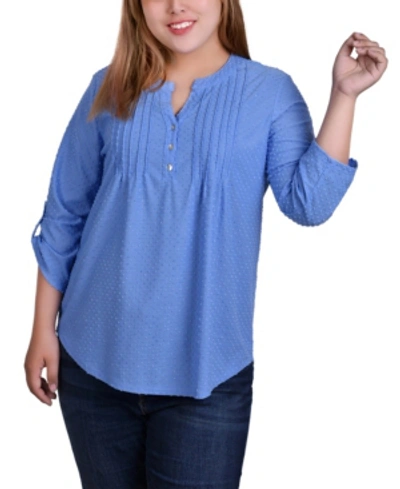 Ny Collection Plus Size Long Sleeve Pleat Front Y-neck Blouse With Rounded Hem In Blue
