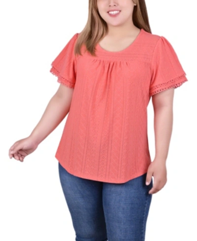Ny Collection Plus Size Double Flutter Sleeve Knit Eyelet Top In Klee Coral