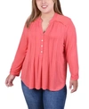 Ny Collection Plus Size Long Sleeve Pleat Front Y-neck Blouse With Rounded Hem In Klee Coral