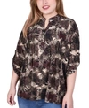 Ny Collection Plus Size 3/4 Roll Tab Sleeve Y-neck Top In Taupe Milaflor