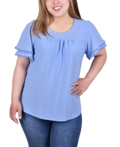 Ny Collection Plus Size Double Flutter Sleeve Knit Eyelet Top In Vista Blue