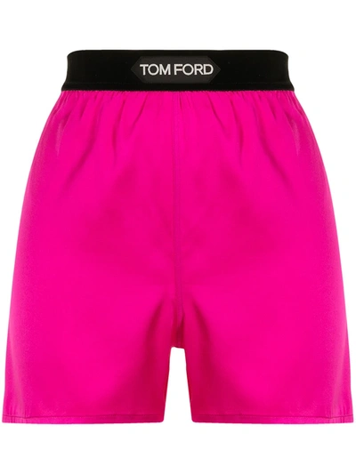 Tom Ford Pink Satin Shorts With Logo On Waistband In Stretch Silk