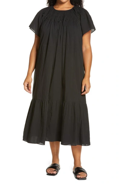 Madewell Embroidered Smocked Midi Dress In True Black | ModeSens