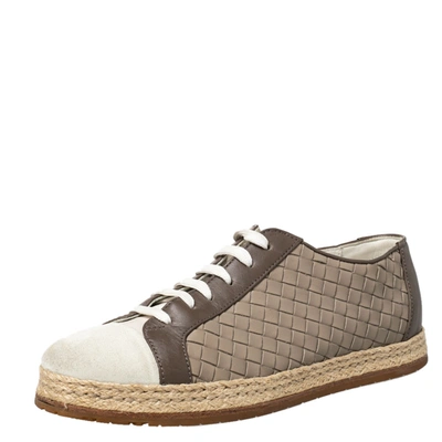 Pre-owned Bottega Veneta Intrecciato Leather And Suede Lace Up Espadrilles Sneakers Size 38 In Grey