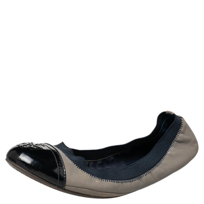 Pre-owned Tory Burch Grey/blue Leather And Elastic Gabby Scrunch Ballet Flats Size 38.5