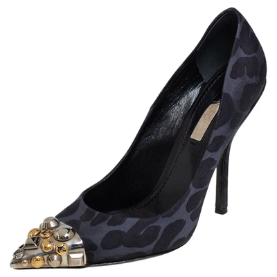 Pre-owned Louis Vuitton Black/blue Leopard Print Fabric Bernice Studded Pointed Toe Pumps Size 37.5