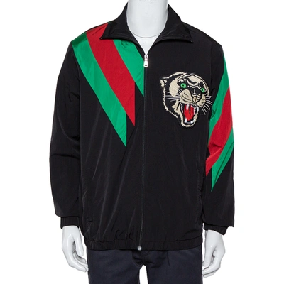 Pre-owned Gucci Black Synthetic Stripe Paneled Tiger Applique Detail Jacket S