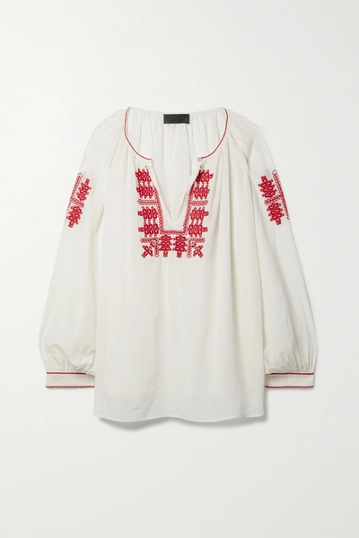 Nili Lotan Lanette Embroidered Top In Cream With Red In Ivory