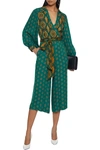 Alice And Olivia Olsen Cropped Wrap-effect Printed Crepe Jumpsuit In Emerald