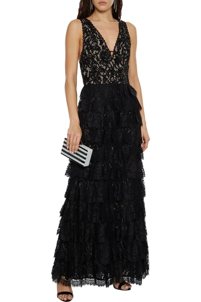 Alice And Olivia Devora Embellished Lace Tiered Gown In Black