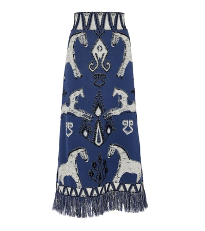 Johanna Ortiz Chauvet Fringed Pima Cotton-jacquard Midi Skirt In Blue