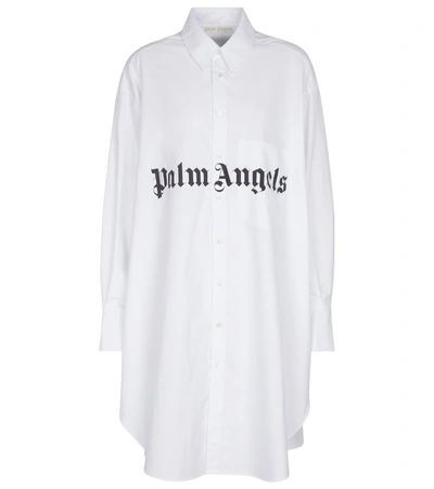 Palm Angels Logo Oversize Long Sleeve Shirtdress In White
