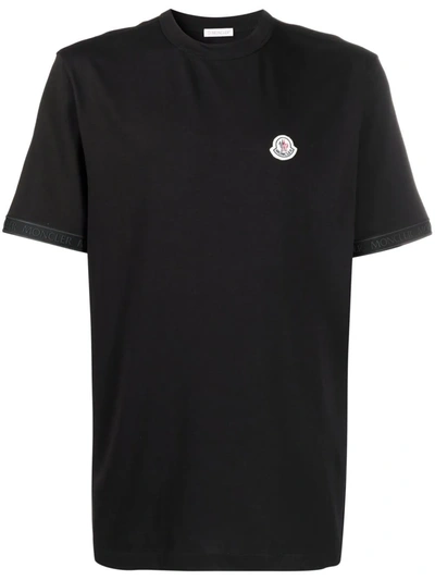 Moncler Logo Patch Taped Sleeve Cotton T-shirt In Black