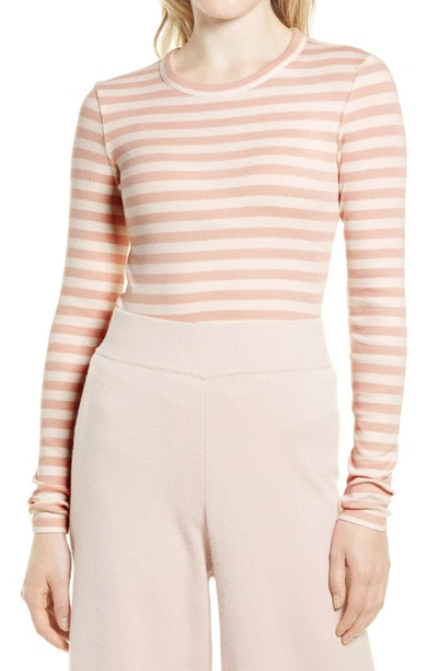 Nordstrom Everyday Long Sleeve Crewneck Rib T-shirt In Pink- Ivory Stripe