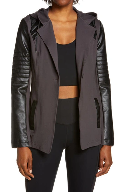 Blanc Noir Hooded Moto Blazer With Faux Leather Sleeves In Turbulence/ Black