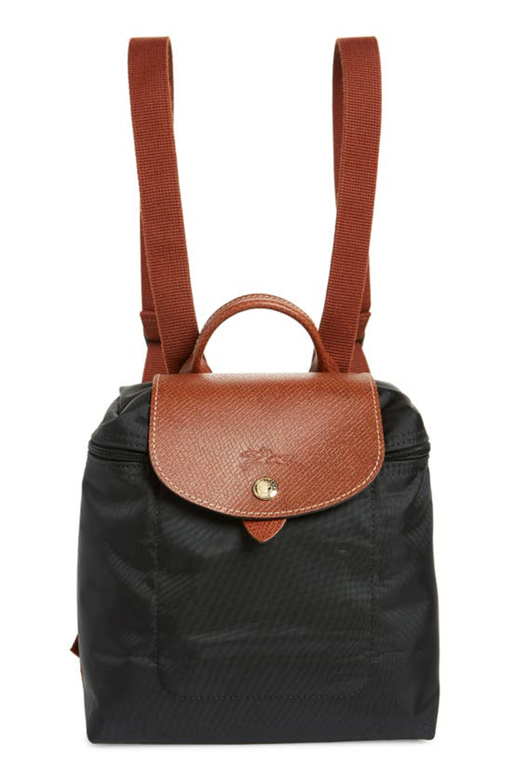 Longchamp Black Nylon Mini Backpack with Brown Leather Trim Longchamp Le Pliage Nylon Backpack Black Brown Leather Flap  main image 3