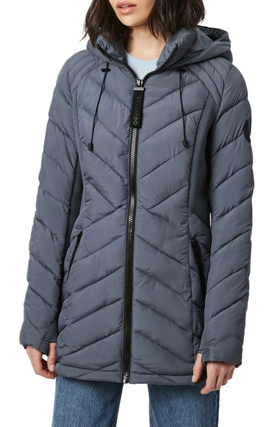 Bernardo Quilted Neoprene Hooded Puffer Coat In Petrol Blue