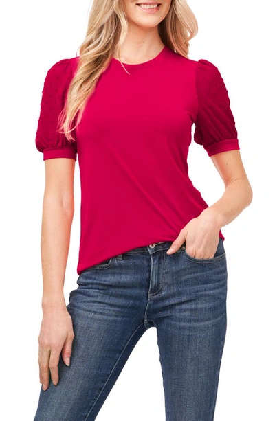 Cece Puff Sleeve Mixed Media Top In Fuchsia Glow
