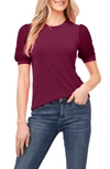 Cece Puff Sleeve Mixed Media Top In Deep Marsala