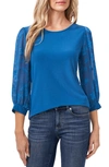 Cece Lace Sleeve Stretch Crepe Blouse In Sapphire Sky