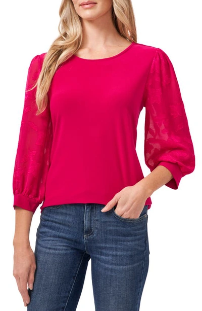 Cece Lace Sleeve Stretch Crepe Blouse In Fuchsia Glow