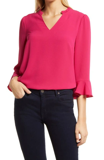 Cece Ruffle Cuff Crepe Top In Fuchsia Glow