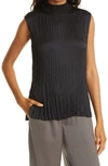 Vince Pleated Satin Crew Neck Shell In Black In Black