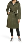 Sam Edelman Water Repellent Belted Trench Coat With Removable Hood In Forest Green